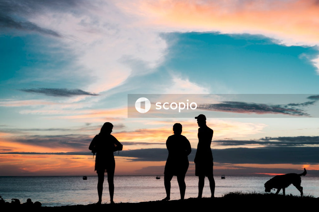 Silhouette of three people and dog on the beach during sunset