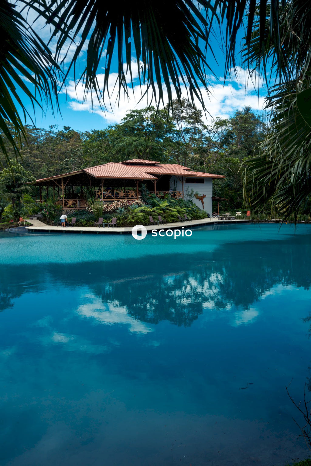 White and brown house near swimming pool