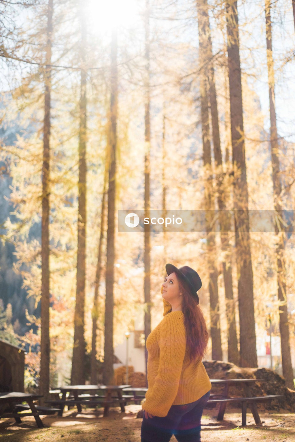Woman with dark hat standing in the woods during daytime