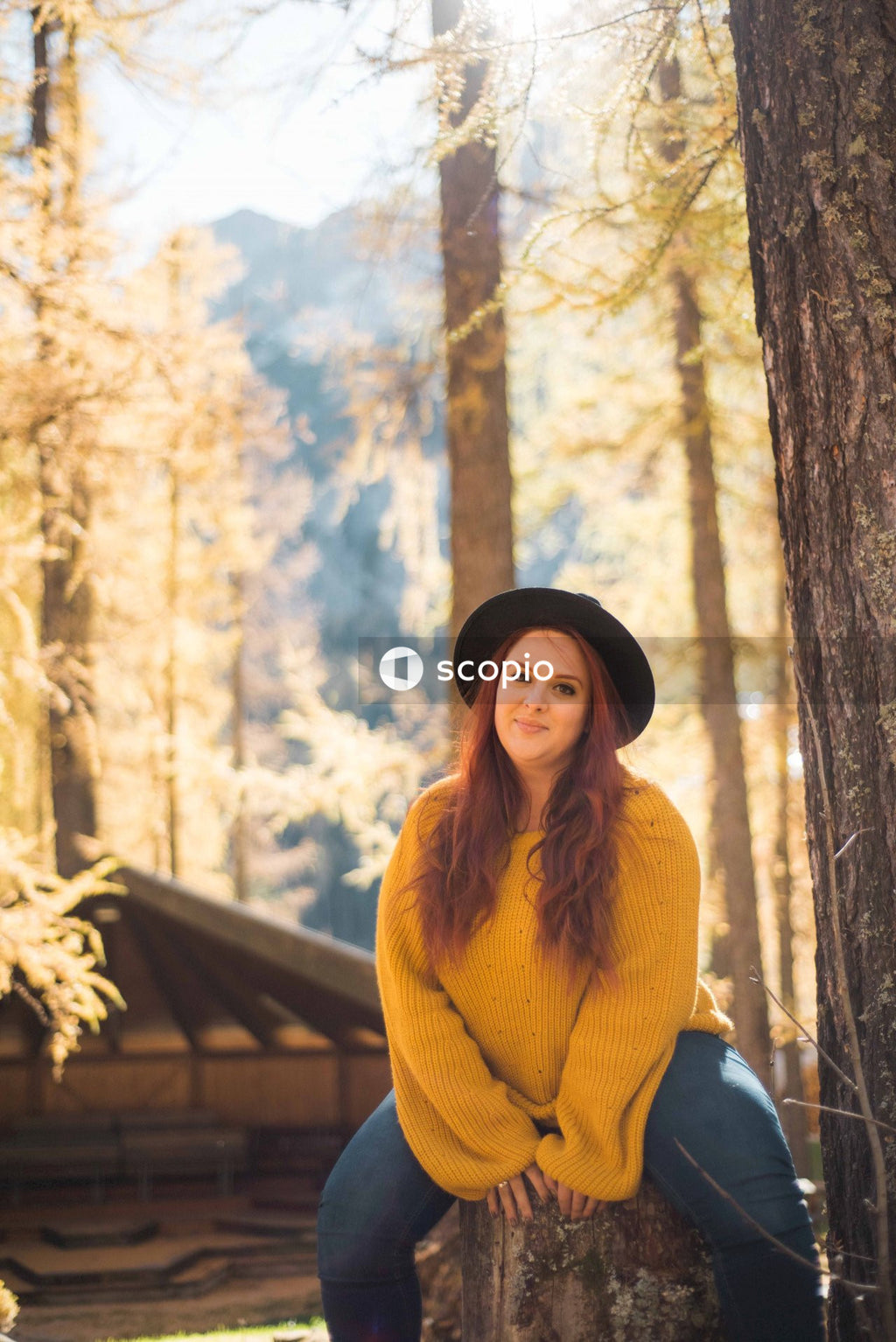 Woman in yellow knit sweater and dark hat sitting on log in the woods