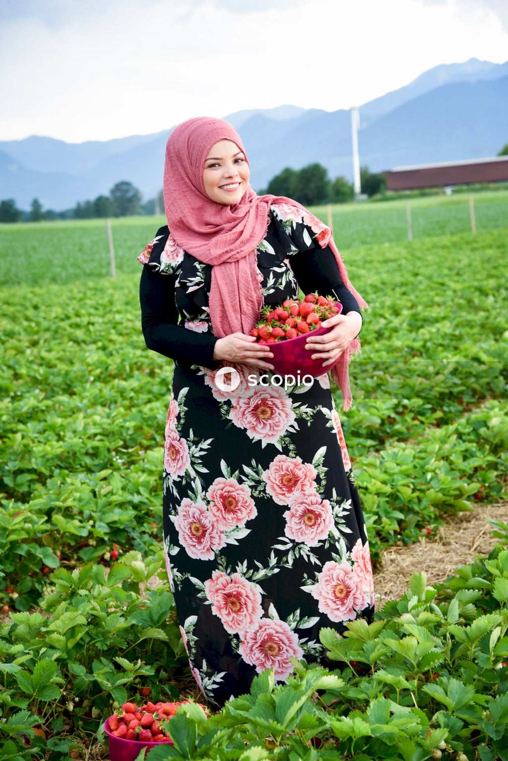 Woman in floral dress with hijab standing on green grass field and holding strawberry basket