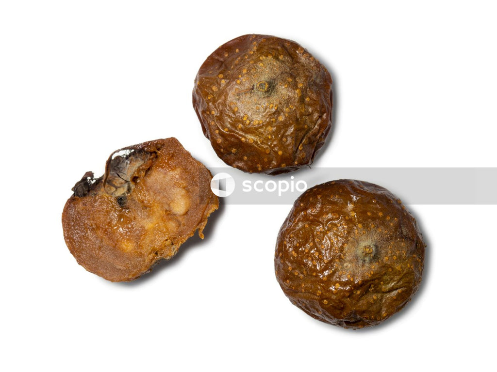 2 brown round fruit on white surface