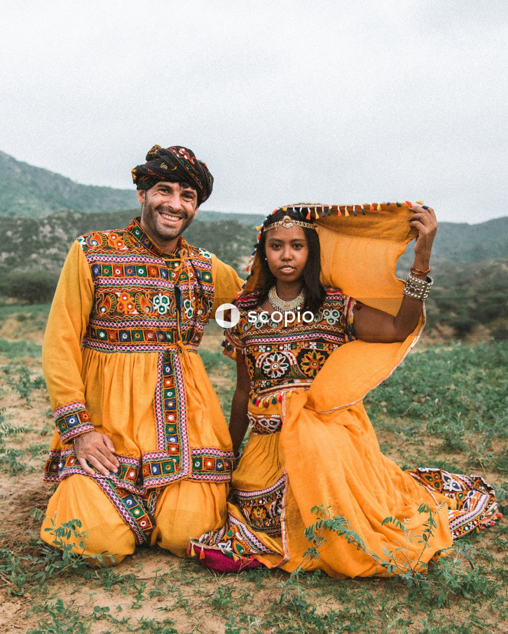 Interracial couple in traditional Indian Outfit outdoor