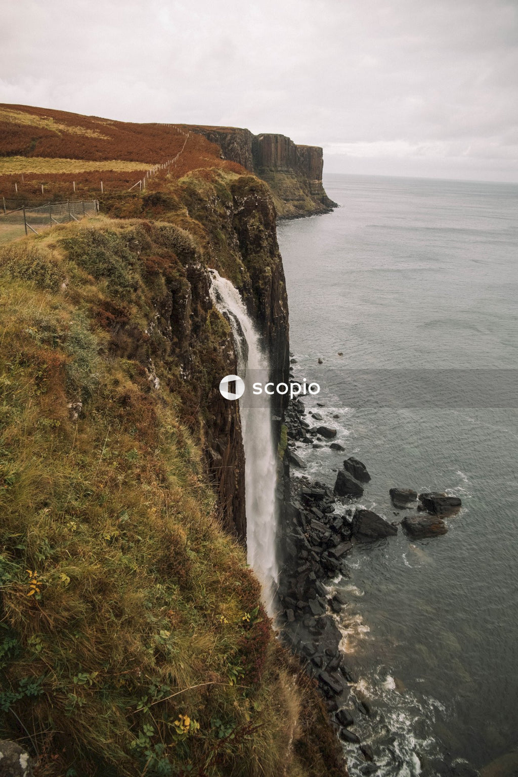 Top view of Skye waterfall, island in Scotland