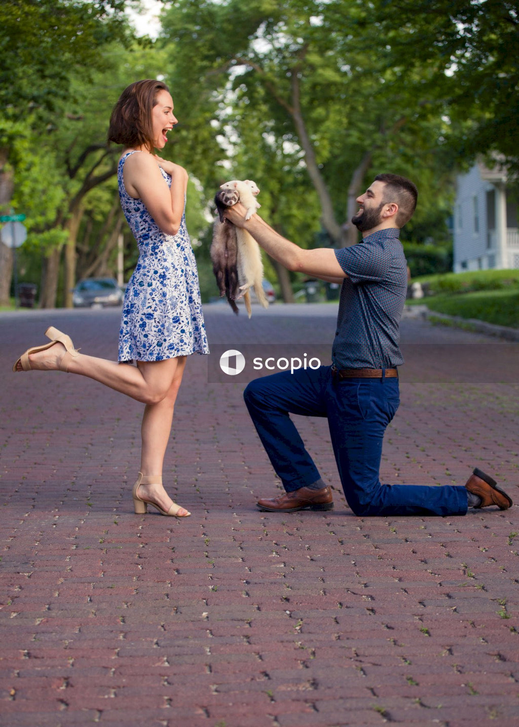 Man kneeling while giving kittens to woman