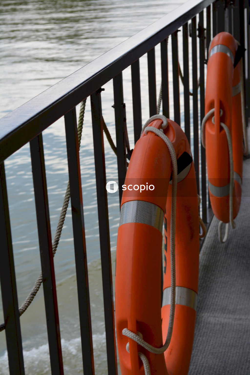 Row of Orange Lifebuoys on Black Railing by Water