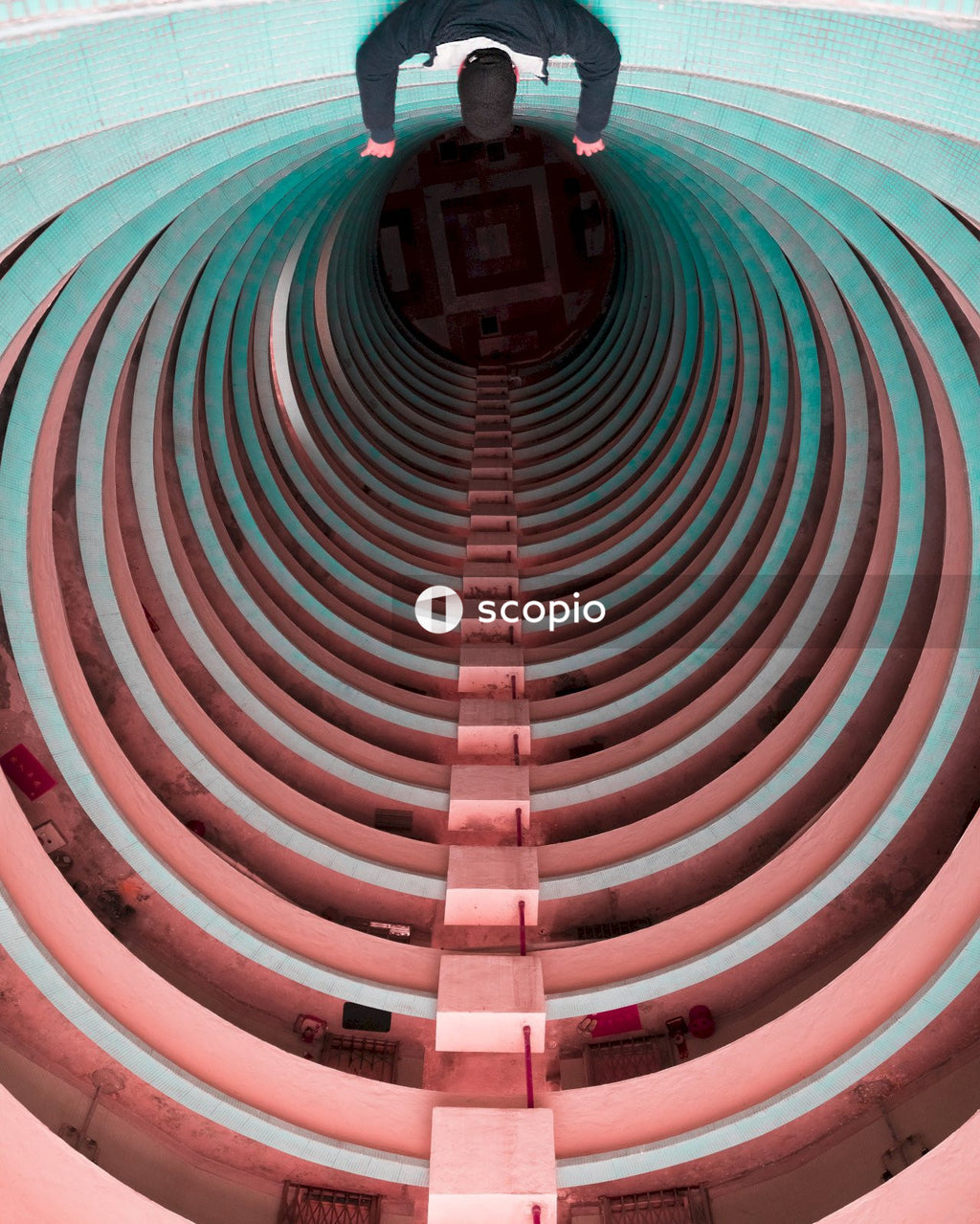 High angle view of man in round building