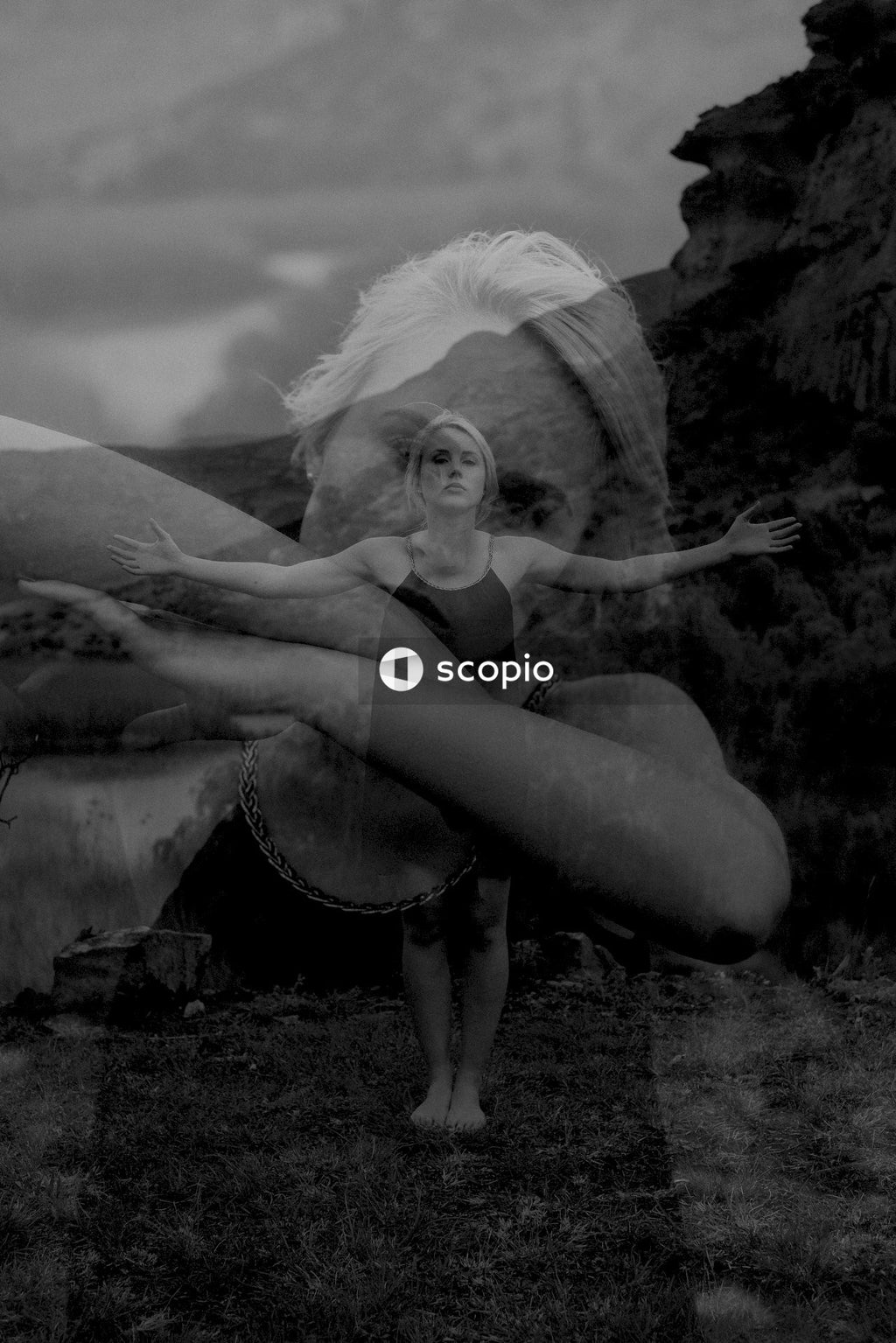 Grayscale photo of double exposure of woman open her arms and closing her arms