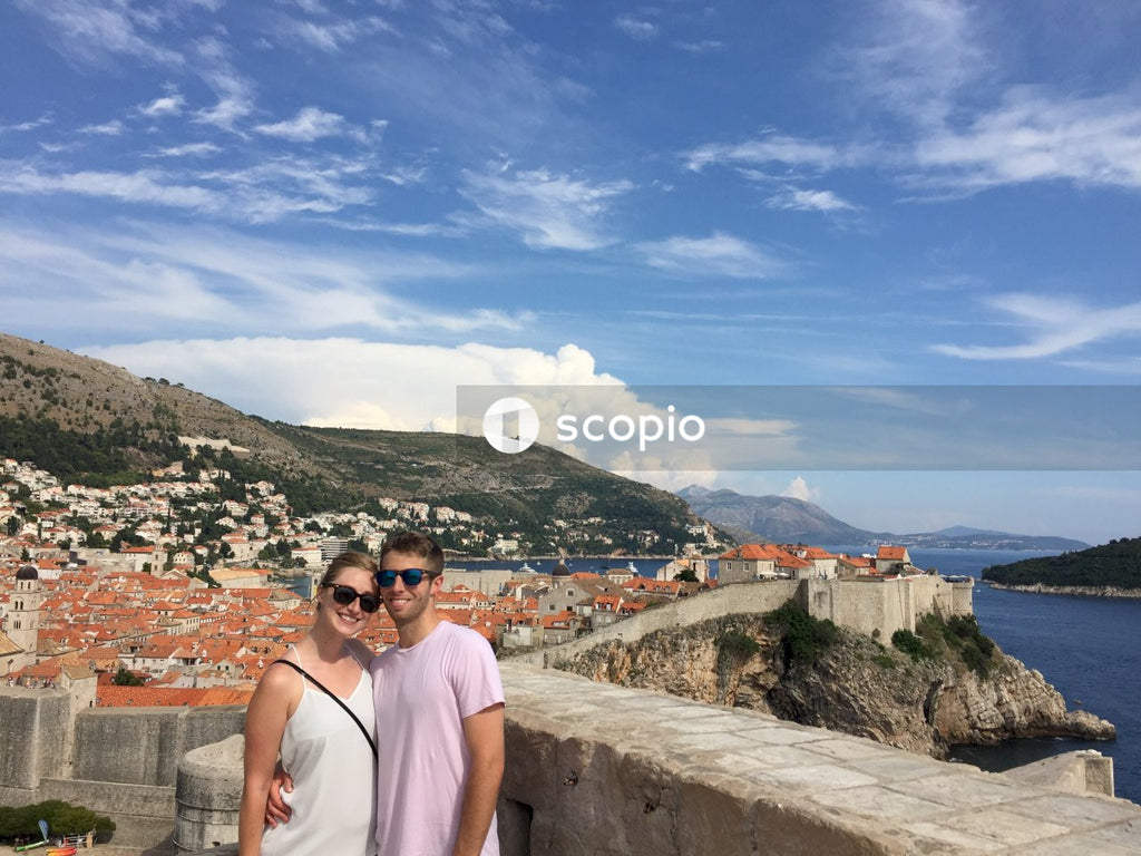 Couple in city near sea