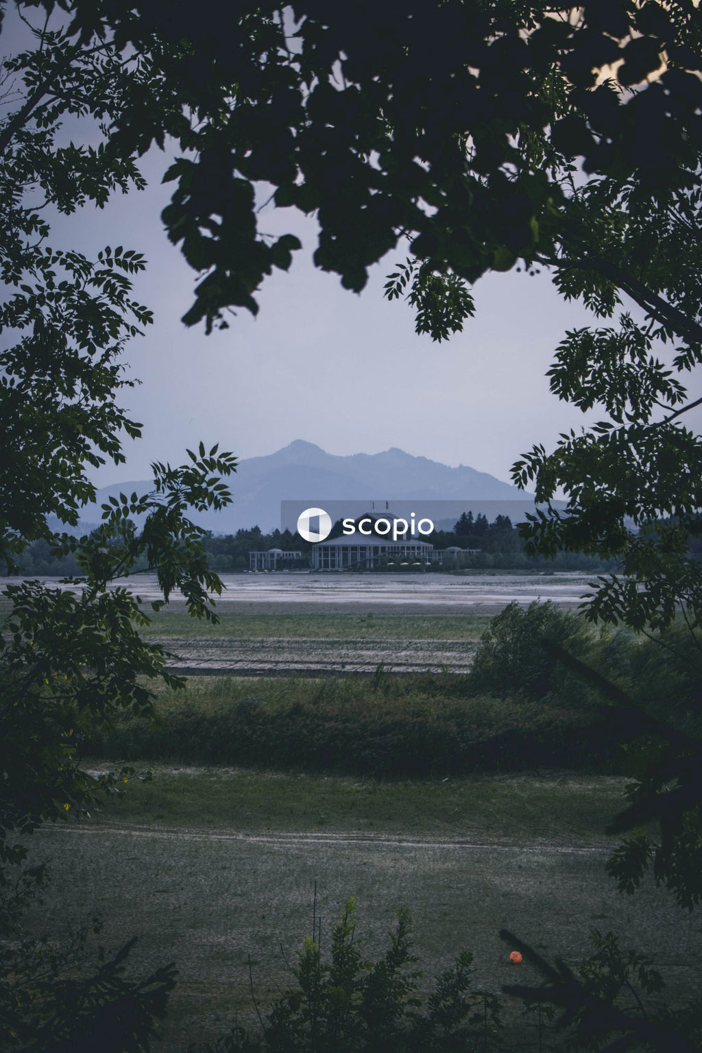 Snowy Mountain Range and White House Seen Through Green Trees
