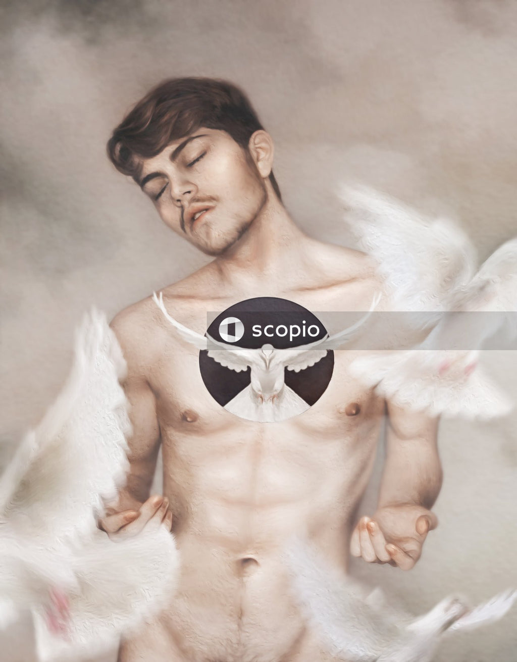 Naked man surrounded by white pigeons