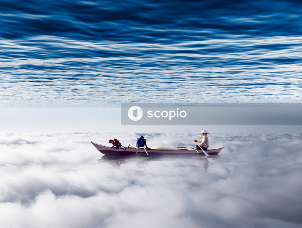 Illustration of people on a boat floating on a cloud under sea horizon