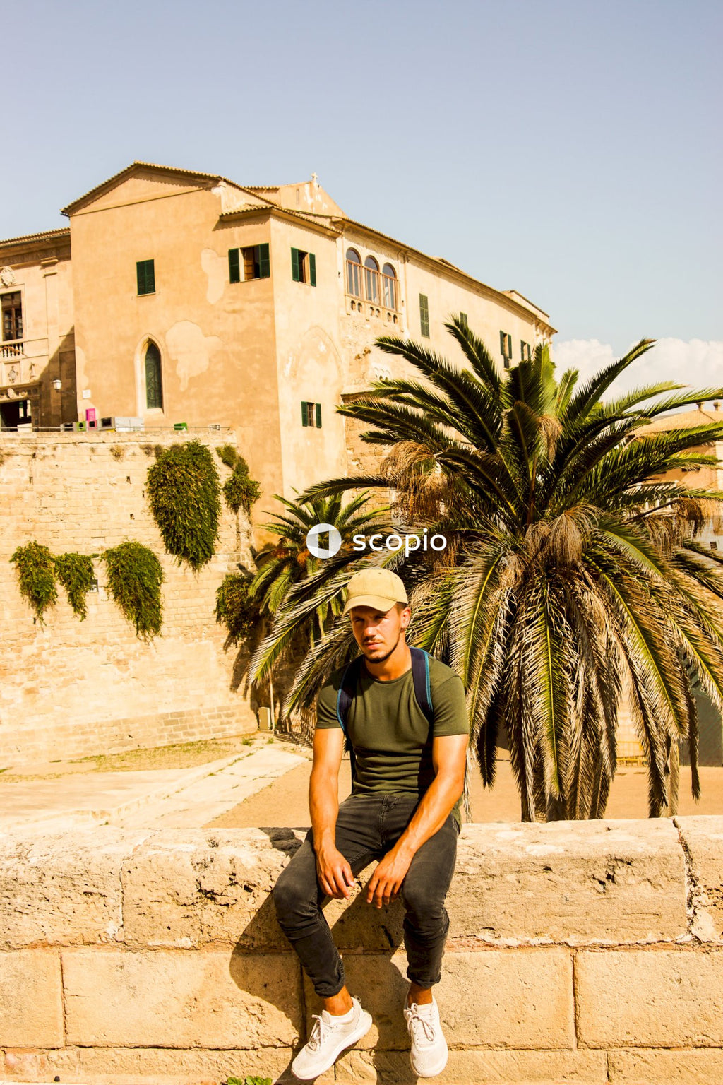 Man in black t-shirt and gray shorts standing near palm tree
