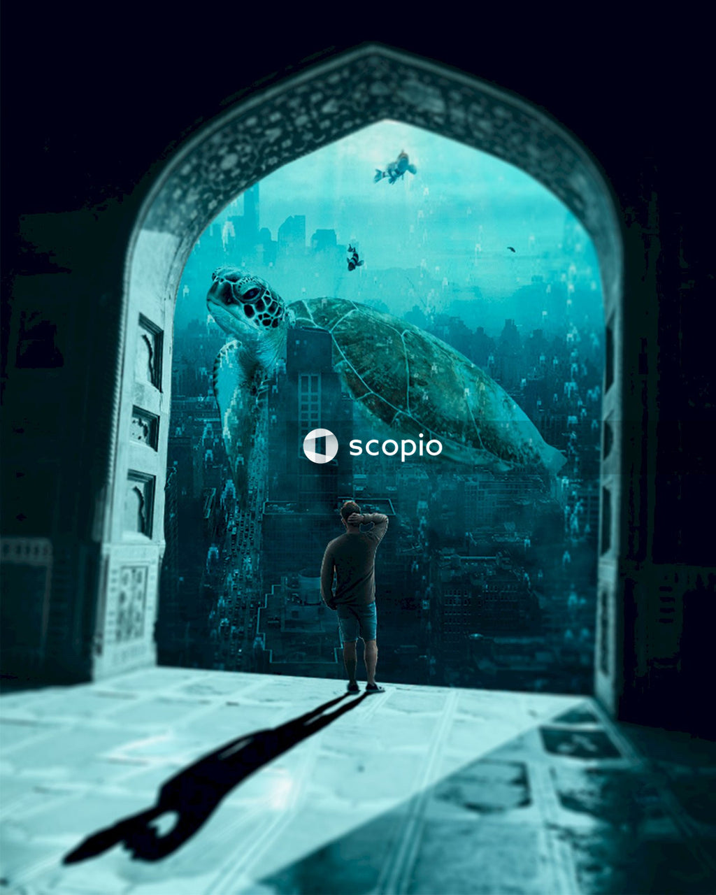 Graphic photo of person standing beside aquarium
