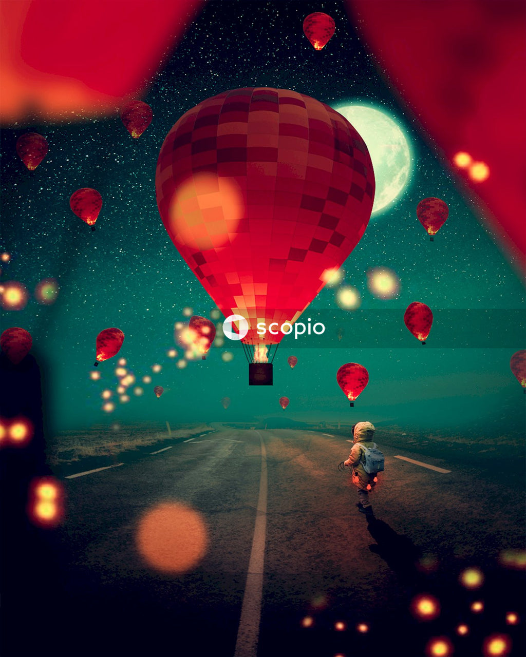 People walking on street with hot air balloons