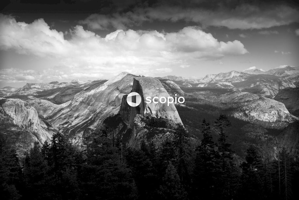 Grayscale photo of mountain range