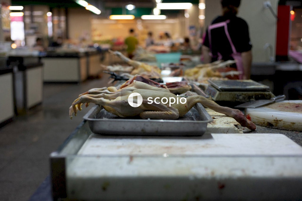 Raw chicken meat disposed in a market