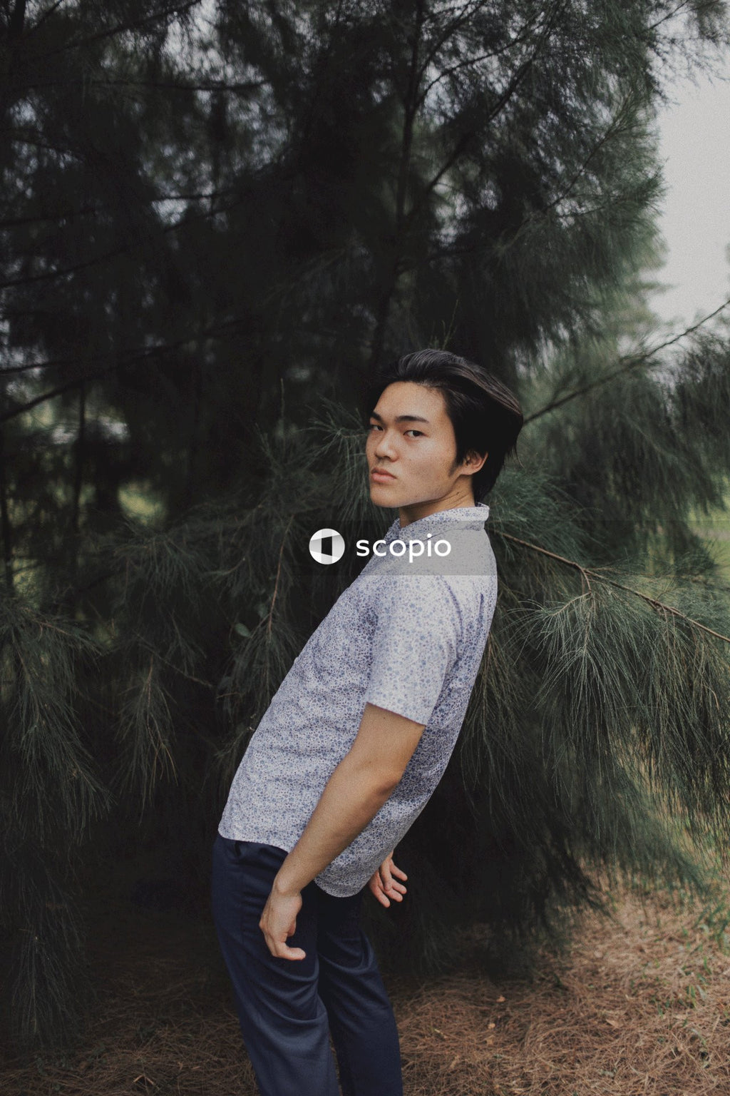 Man standing beside tree