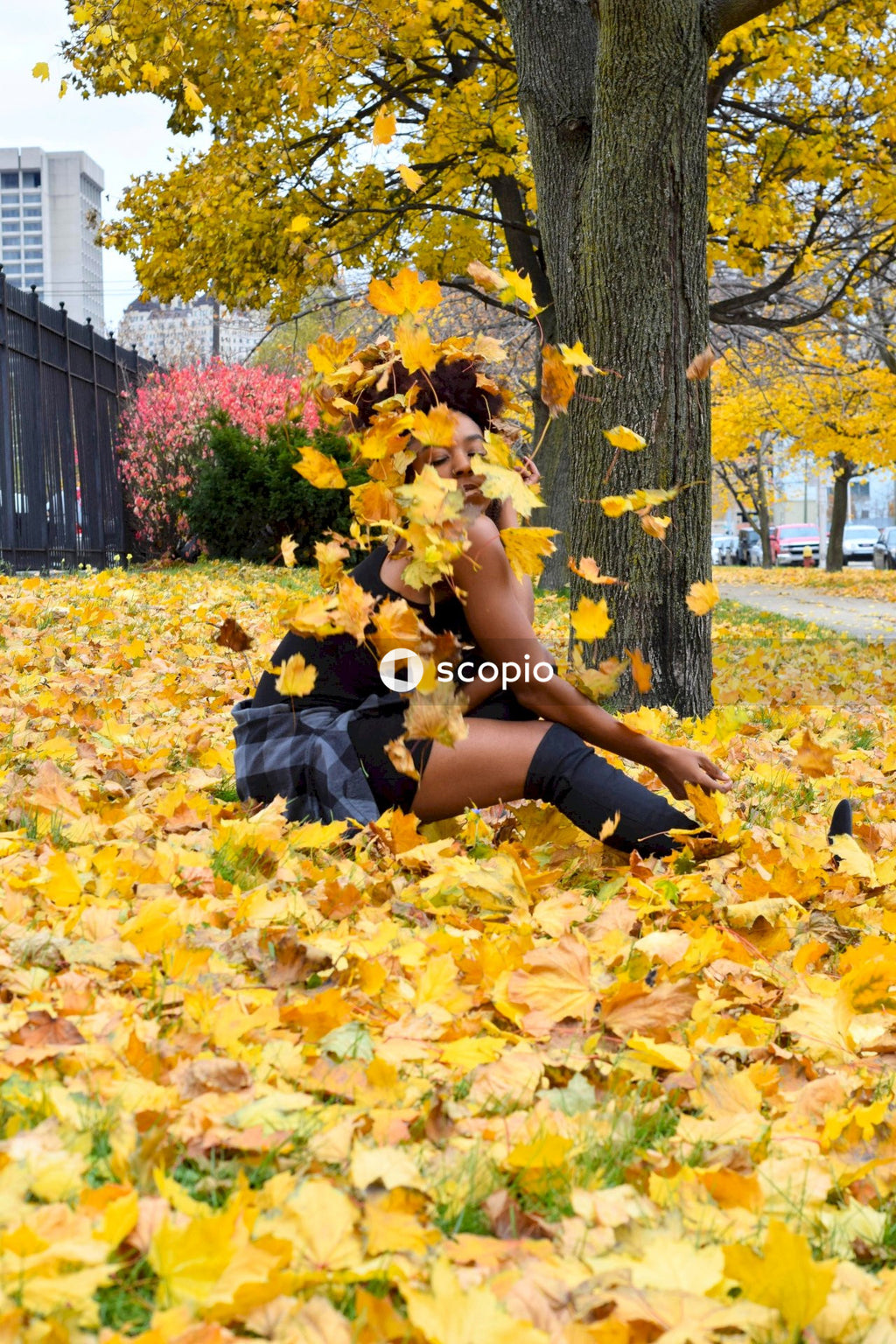 Woman in black skirt sitting on yellow leaves