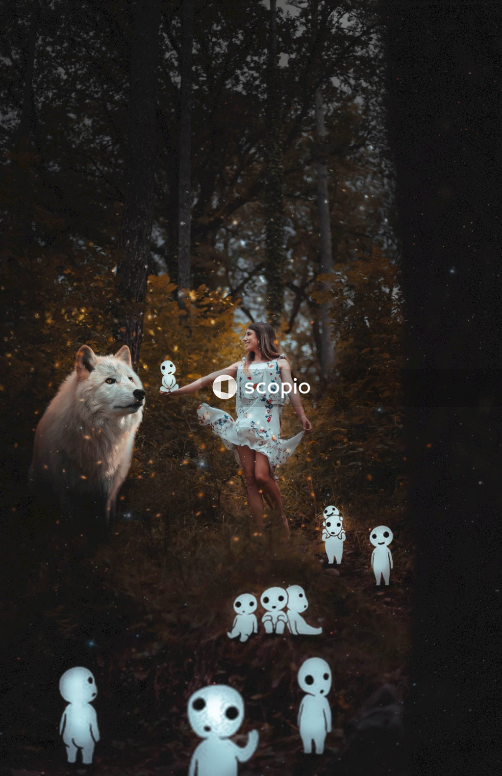Woman in white and blue dress standing beside white dog