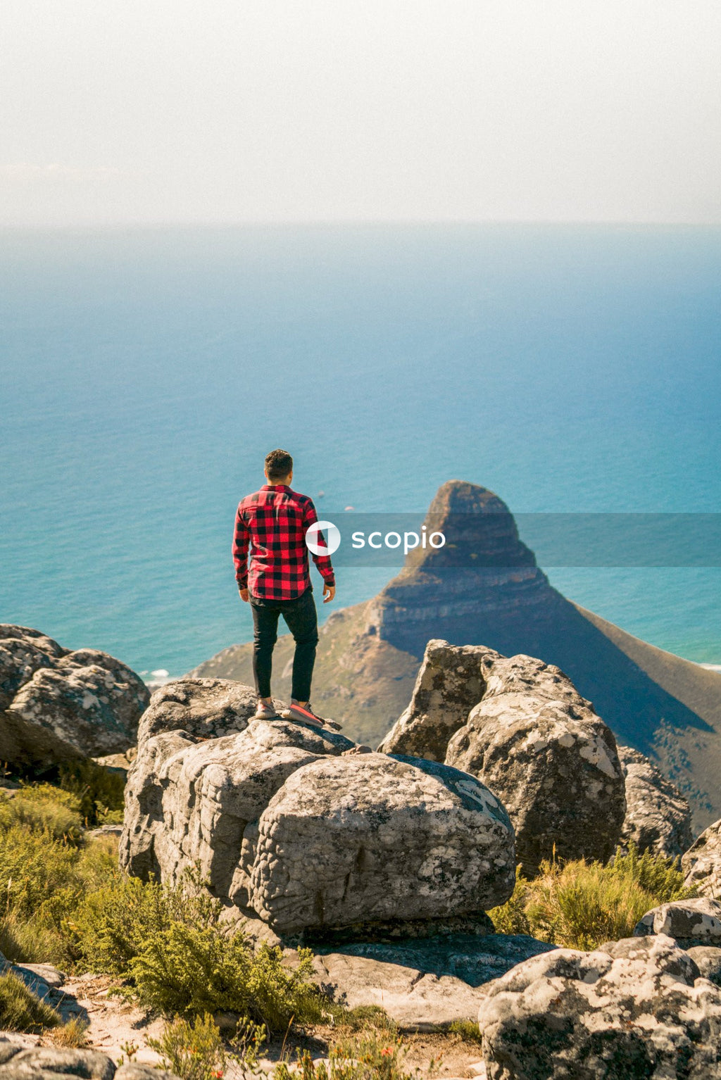 Back view of man in red plaid shirt standing on a rock near seashore