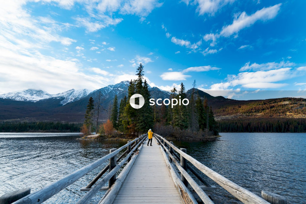 Person walking on wooden bridge over lake