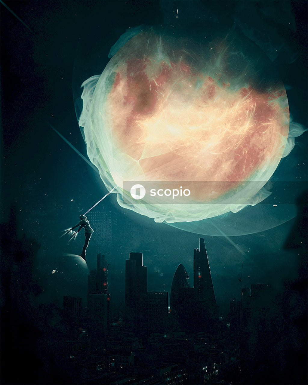 Graphic illustration of creature facing the moon above the city