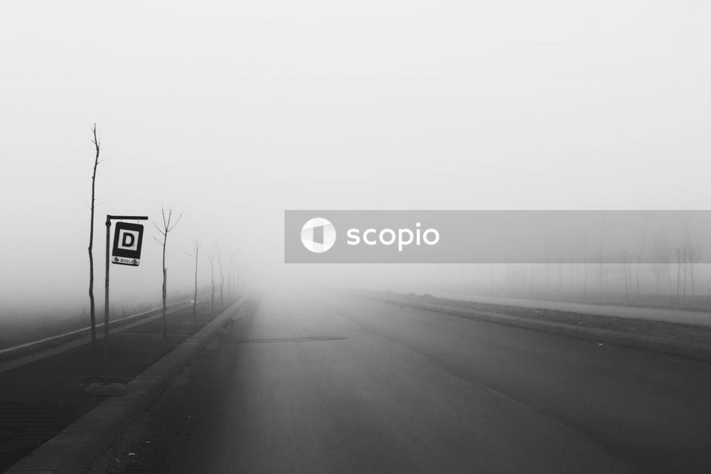Grayscale photo of an empty road with street sign