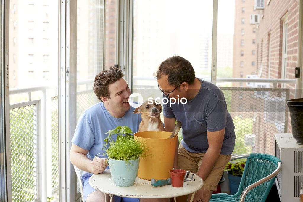 Two men and a dog sitting at a table on balcony
