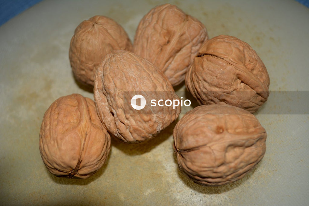 Brown round fruit on white textile