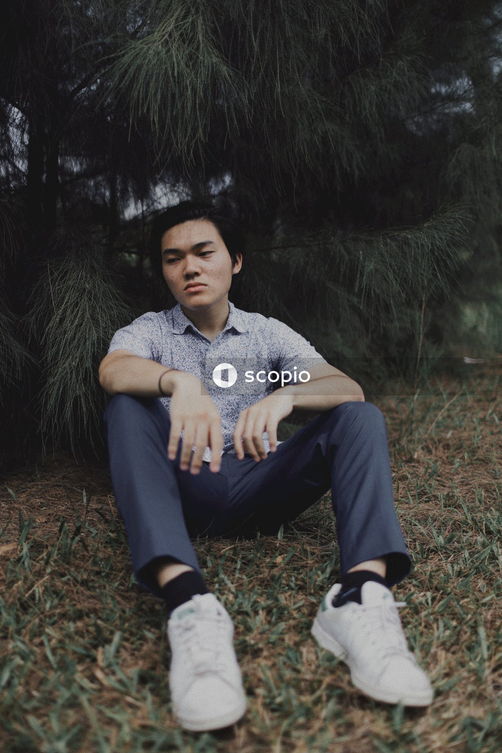 Man in gray sweater and blue denim jeans sitting on green grass field