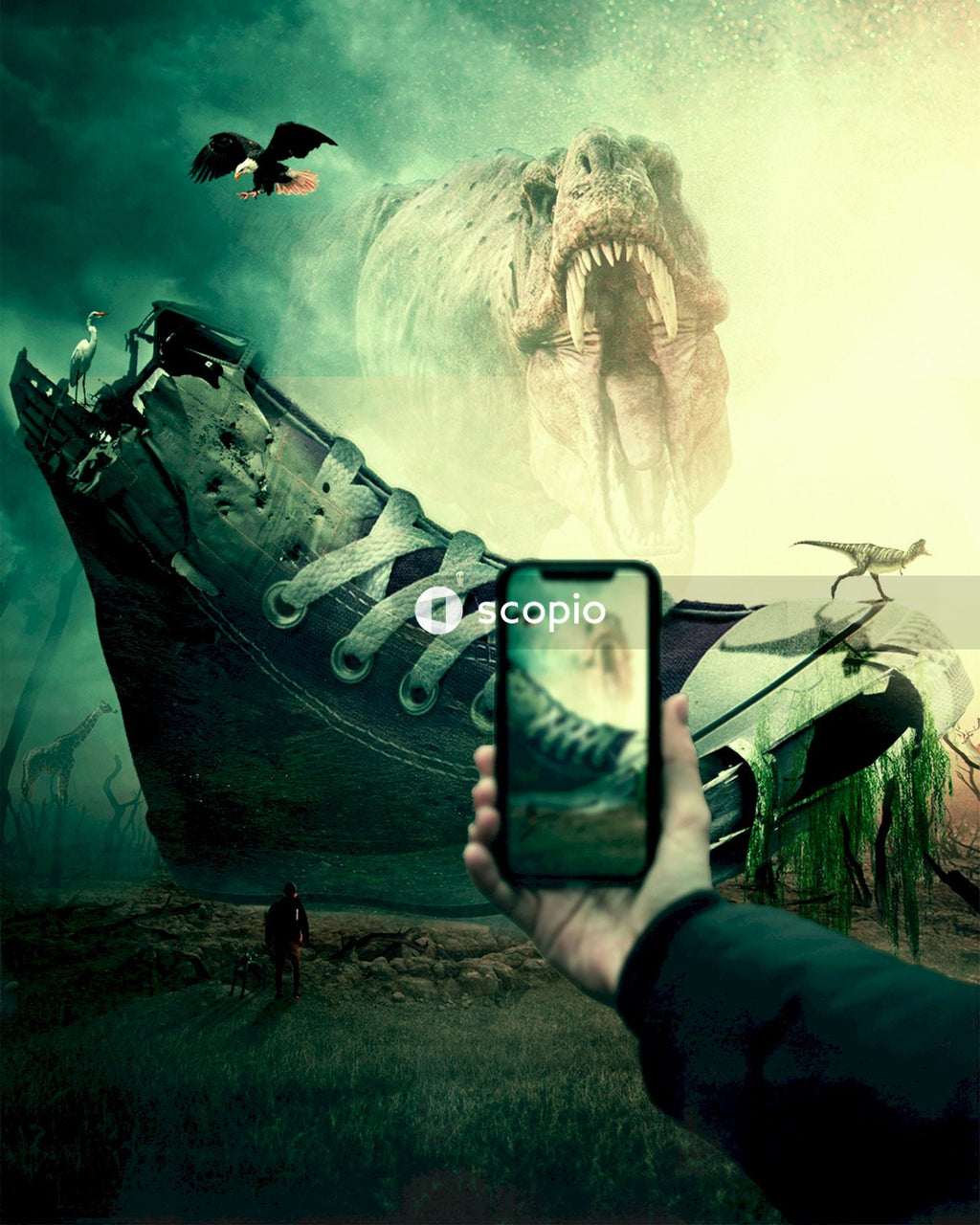 Person holding black smartphone taking photo of gray and black helicopter