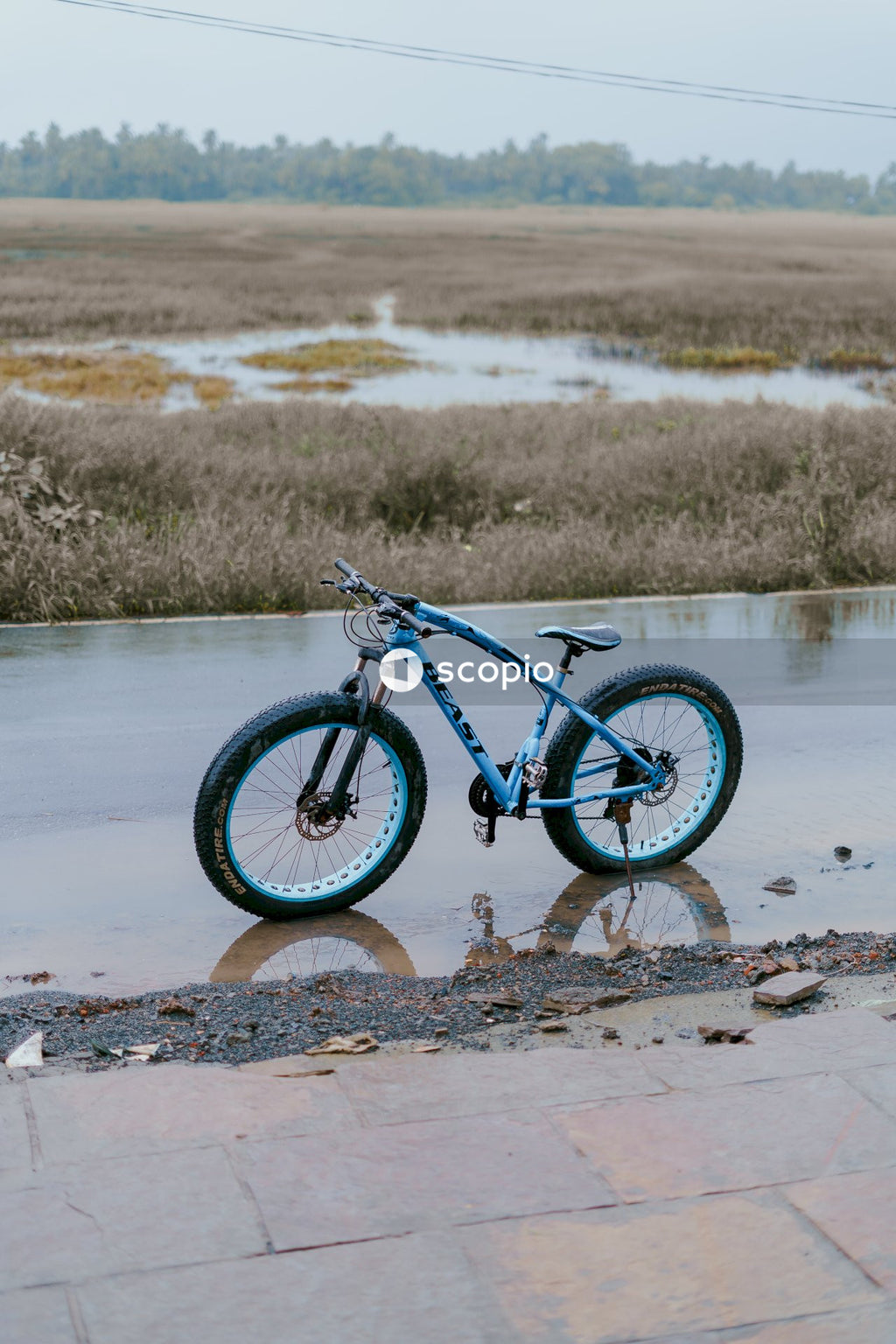 Black and green mountain bike on brown sand near body of water