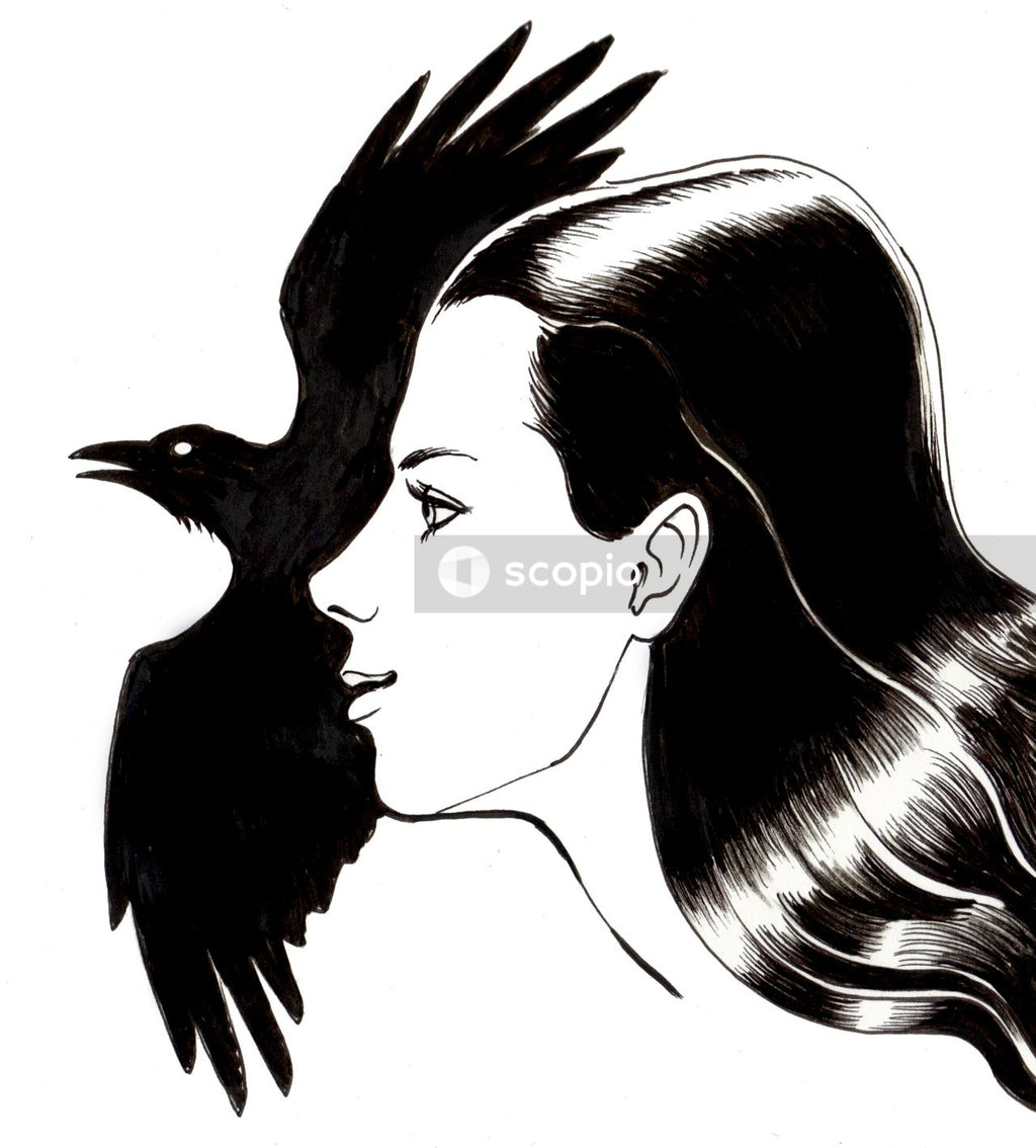 Black and white long haired woman illustration