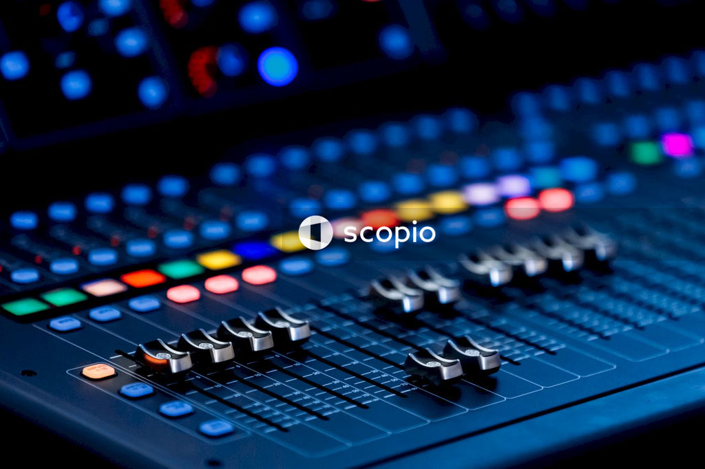 Black audio mixer turned on in close up