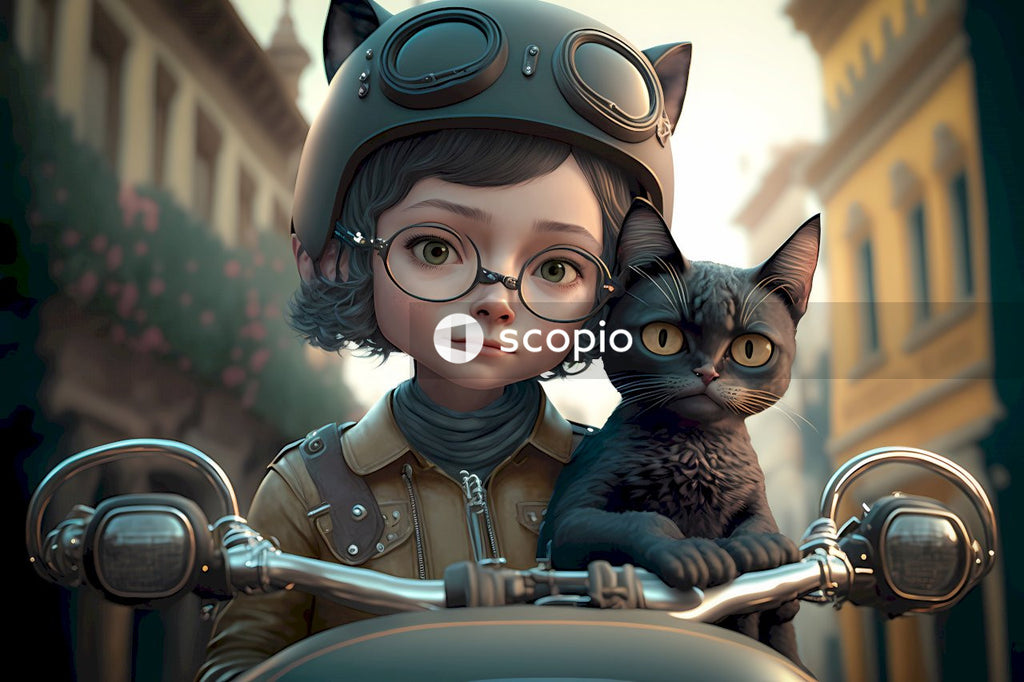 Black cat and girl in brown coat riding motorcycle figurine
