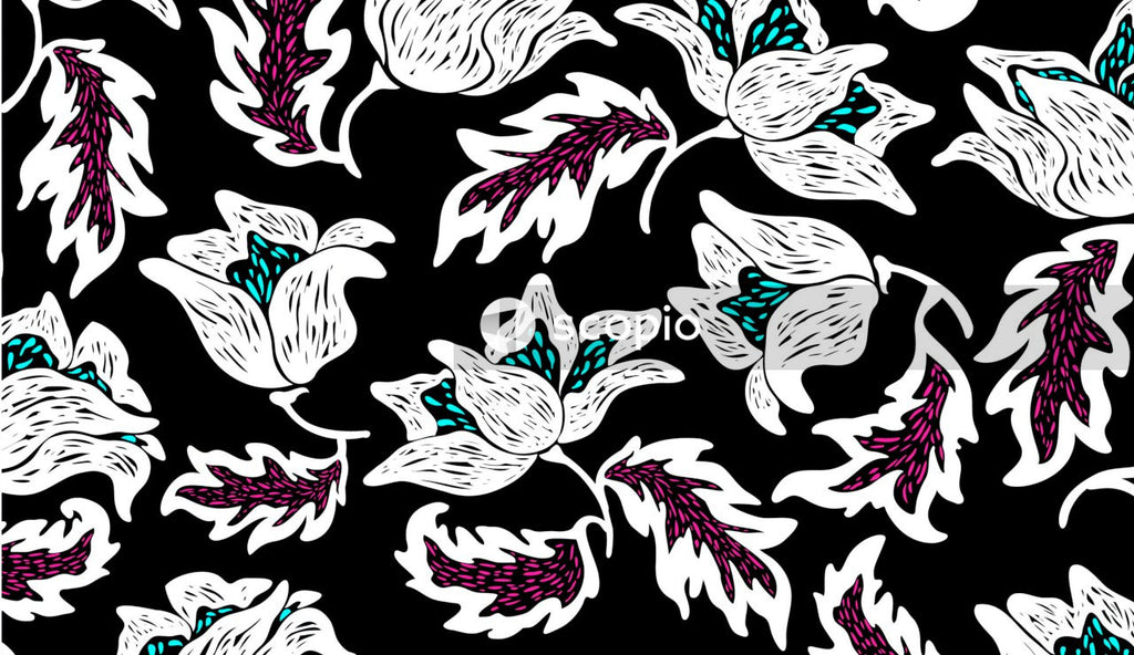 Black white and pink floral textile