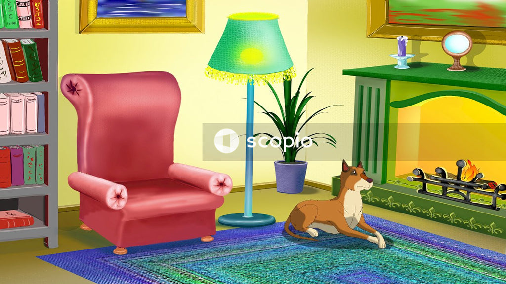 Brown and white dog lying on floor beside red sofa chair