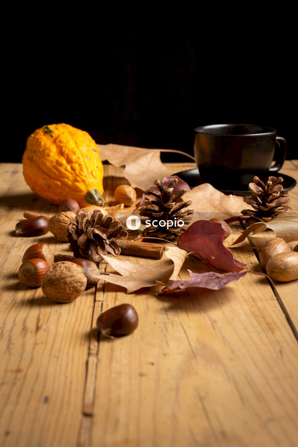 Brown and white leaves on brown wooden table