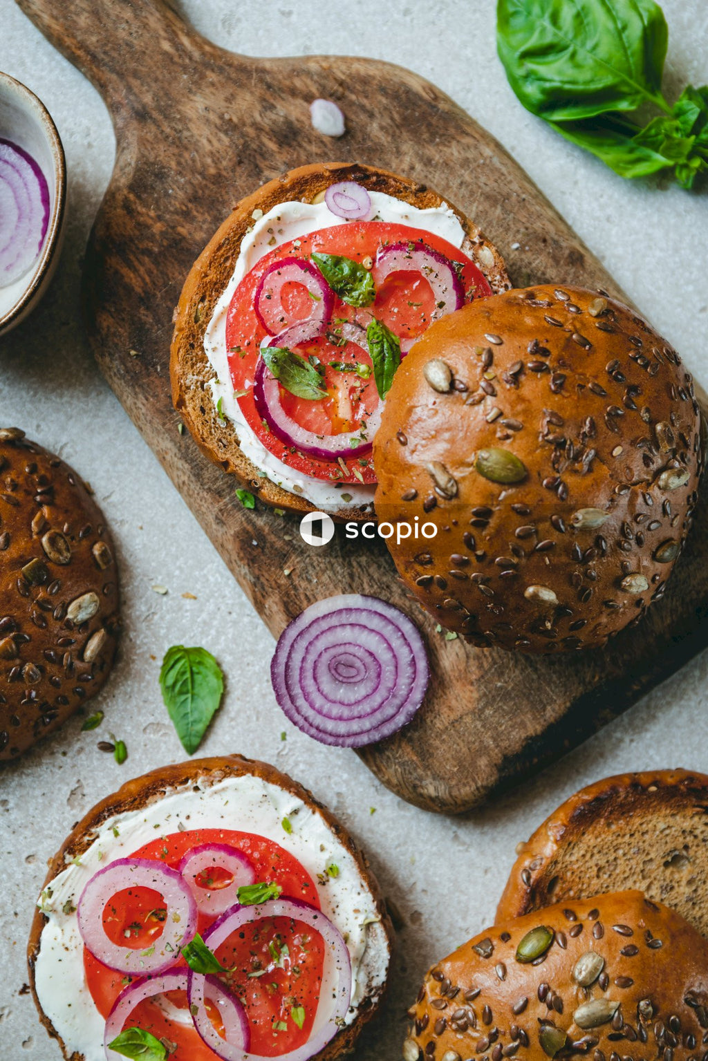 Brown bread with tomato and green leaves on white ceramic plate