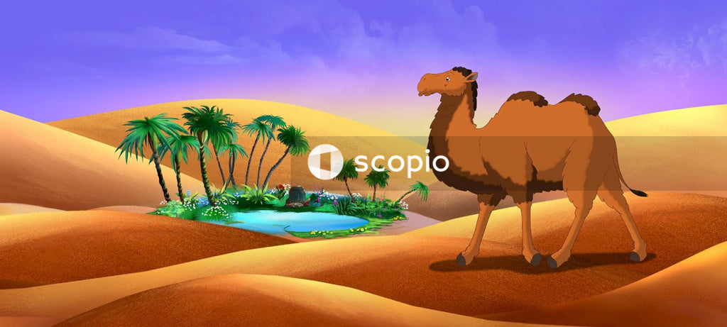 Brown camel standing on brown sand near green trees