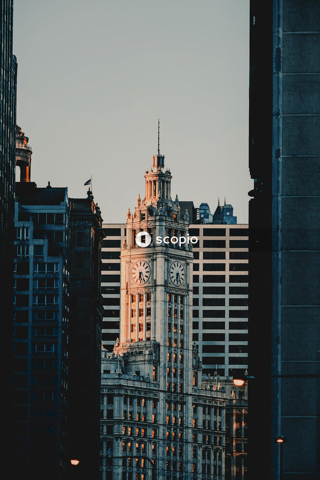 Stunning Sunset View of the Wrigley Building, Landmark of Chicago Architecture
