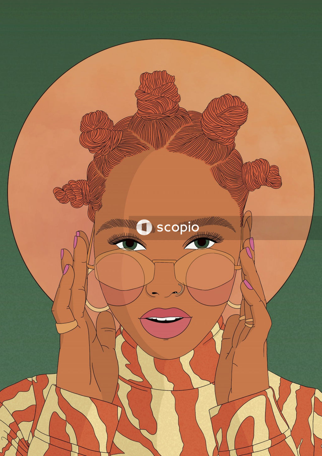 Brown haired woman in orange long sleeved shirt illustration