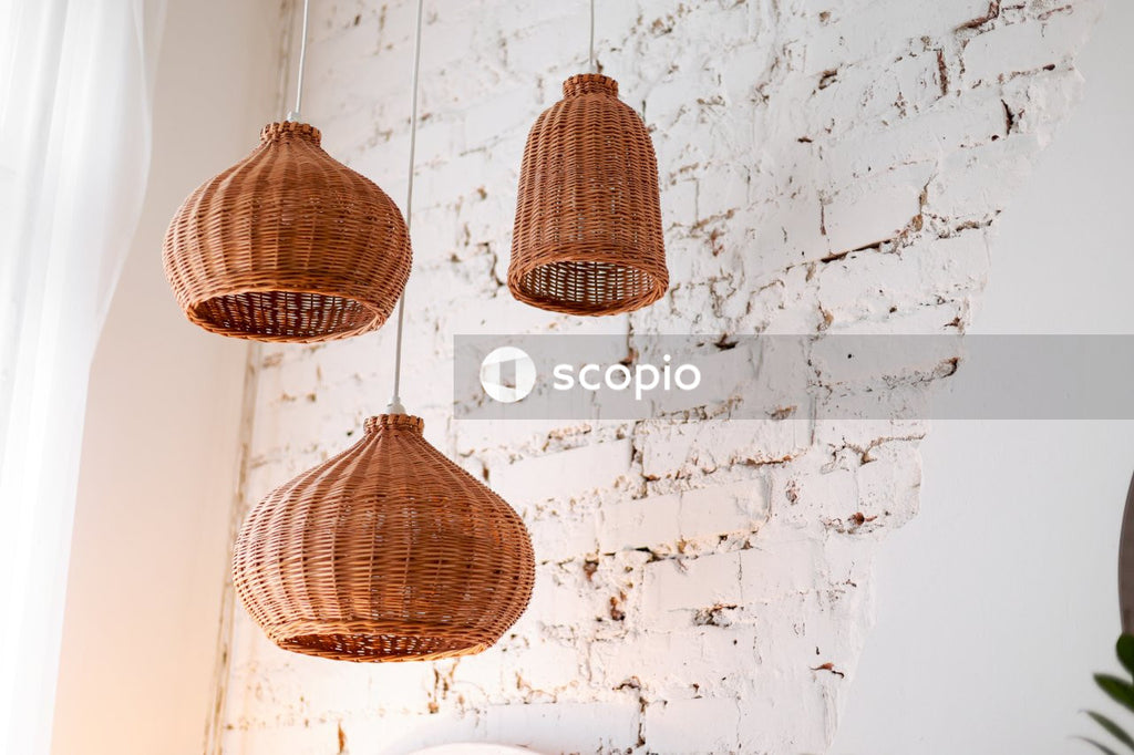 Brown wicker pendant lamp turned off