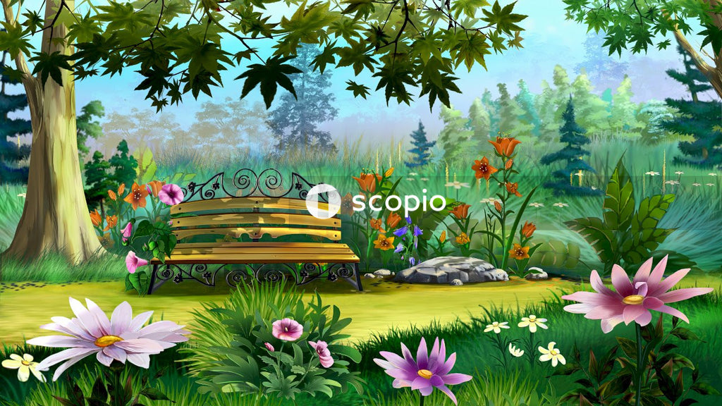 Brown wooden bed frame with purple flowers near green trees and purple flowers painting
