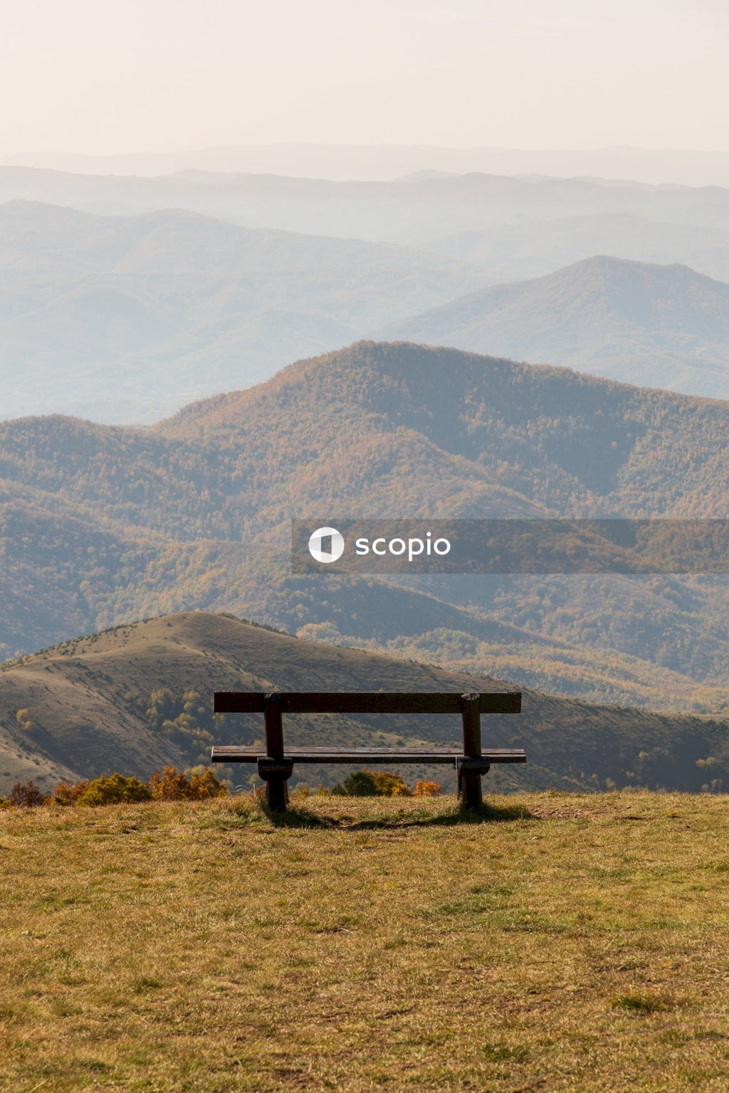 Brown wooden bench on green grass field near mountains