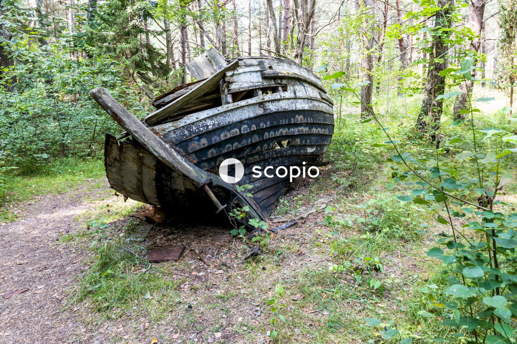Brown wooden canoe on green grass field