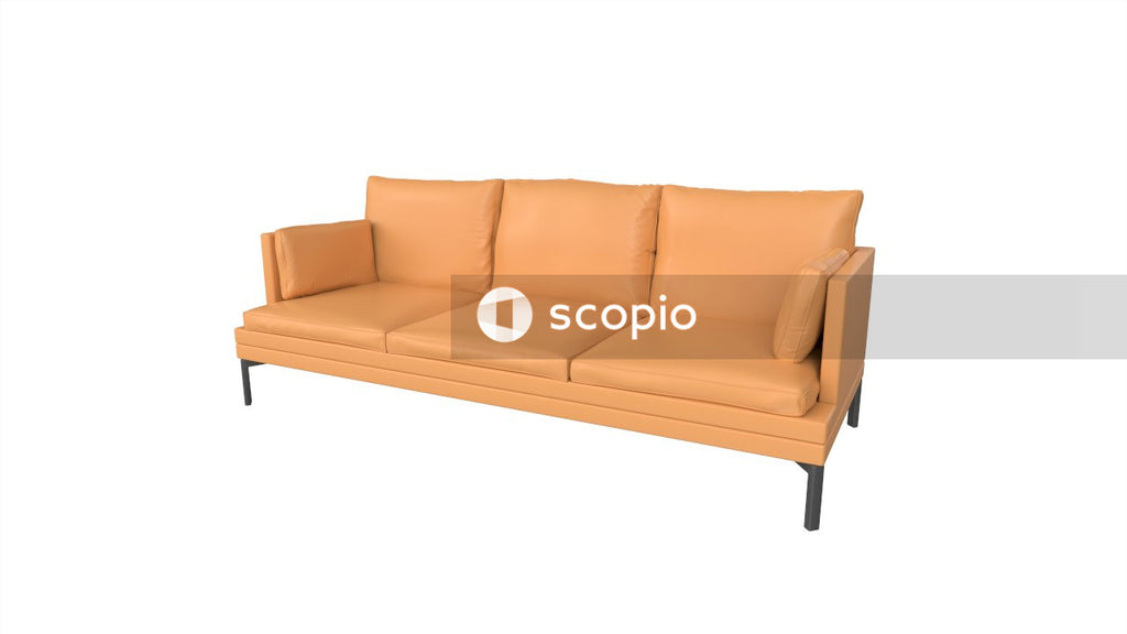 Brown wooden framed orange padded couch