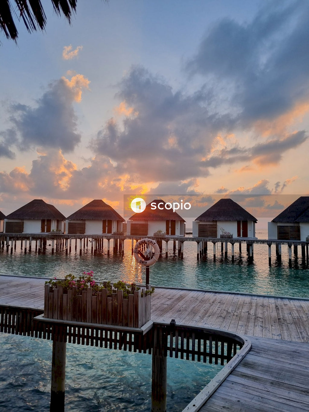 Brown wooden gazebo on body of water during sunset