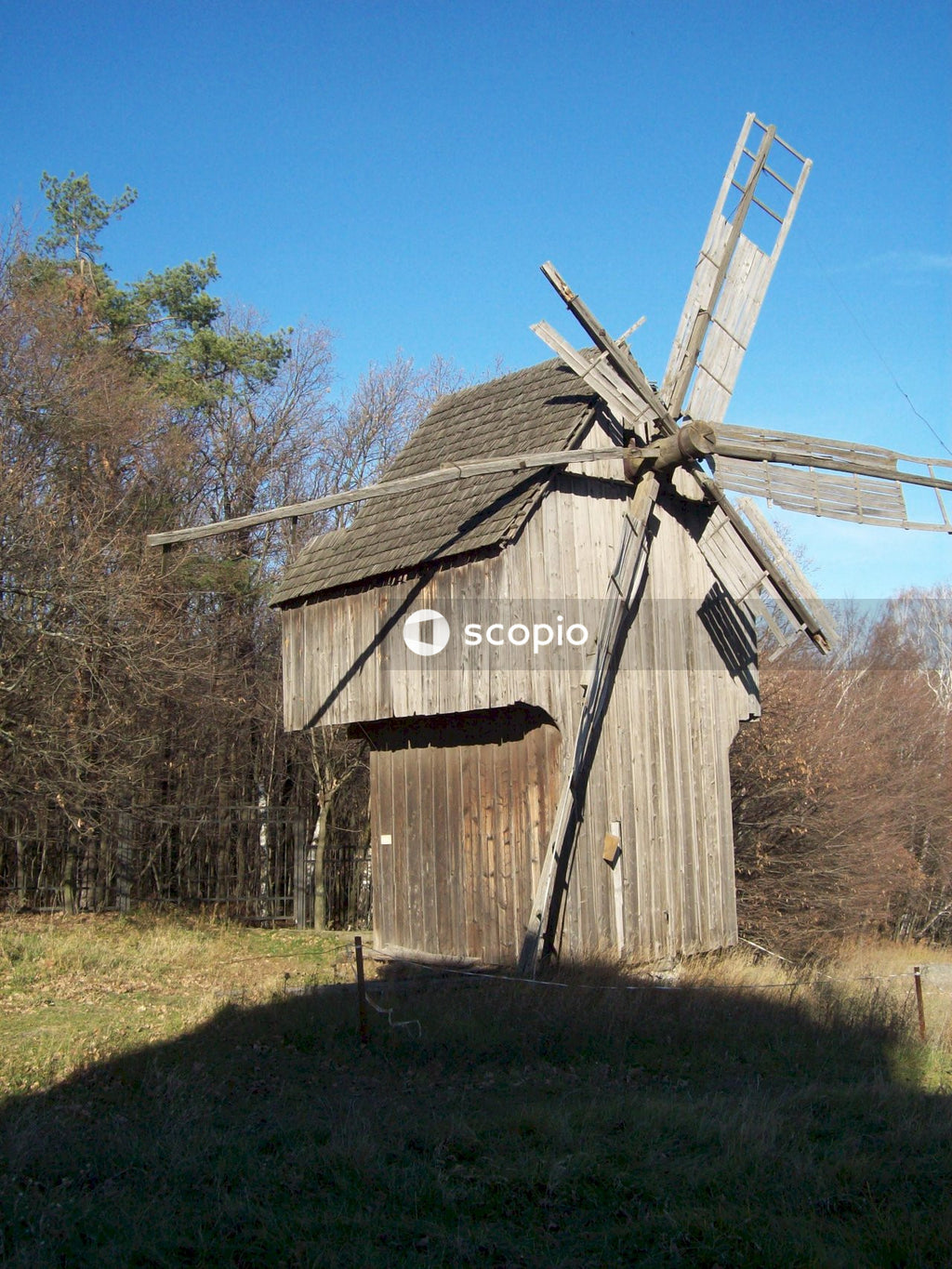 Brown wooden house near bare trees